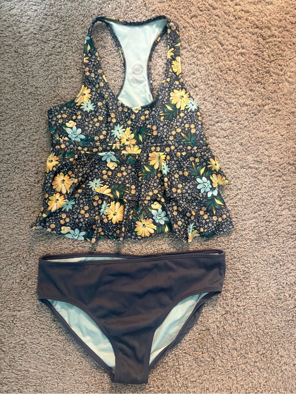 wonder nation Dark Greyish/blueish & Yellow Floral Tankini Top